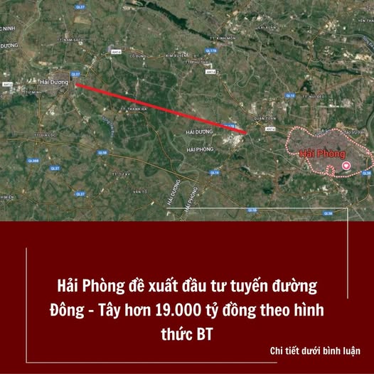Hải Phòng đề xuất đầu tư tuyến đường Đông Tây hơn 19.000 tỷ đồng theo hình thức BT. Dự án đường kết nối Đông – Tây (thành phố Hải Phòng) được đề xuất đầu tư theo hình thức xây dựng – chuyển giao (BT) do nguồn vốn đầu tư công giai đoạn 2026 – 2030 đã cân đối, tập trung ưu tiên bố trí cho các dự án khác. Theo Bất Động Sản Hải Phòng.